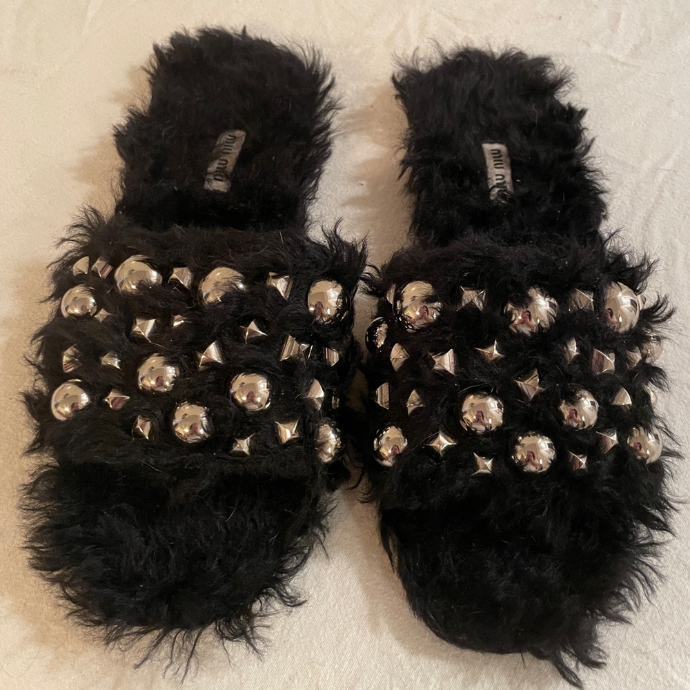 Miu Miu Black Mohair Fur Embellished Flat Slides Size 41